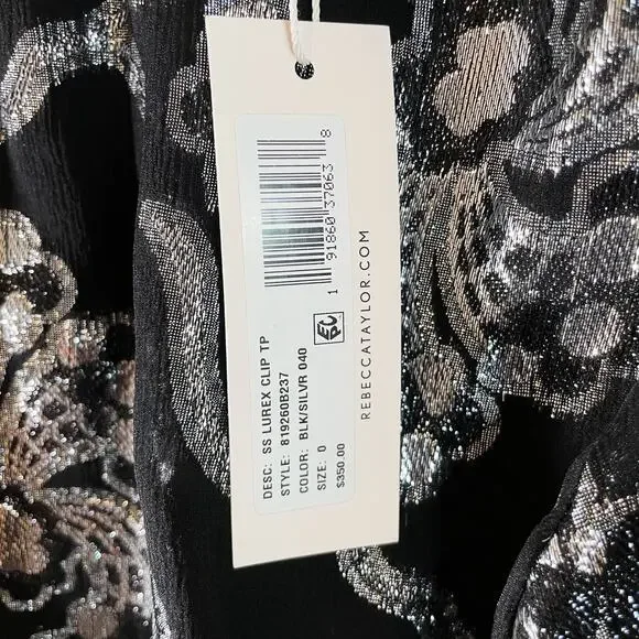 NWT Rebecca Taylor Women's Flutter Sleeve Silk Blend Metallic Top Black Size 0